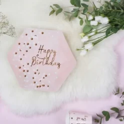 Sachet de 8 assiettes hexagonales "Happy Birthday Rose Gold"