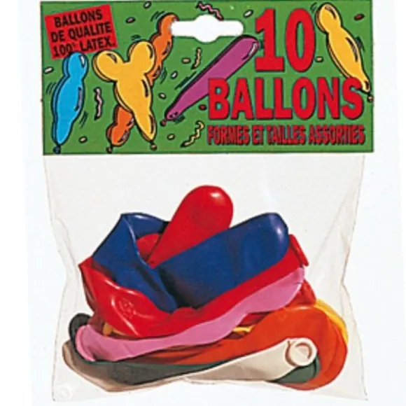 Sachet de 10 ballons de formes, tailles et couleurs assorties