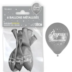 Sachet de 6 ballons Métallisés Argent - Joyeux Anniversaire