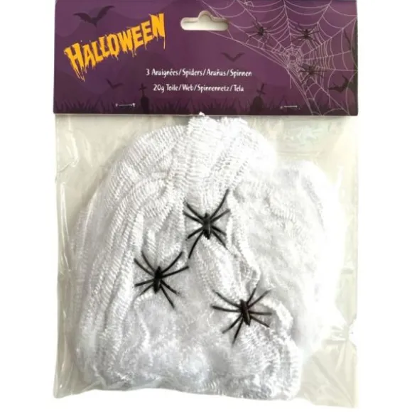 Sachet de 20 g de toile d'araignée blanche et ses 3 araignées