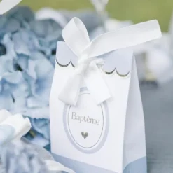 10 sachets "Baptême" avec ruban satiné - 7,5 x 12,5 x 4,5 cm - Collection Baptême Blanc et Or - Couleur au choix