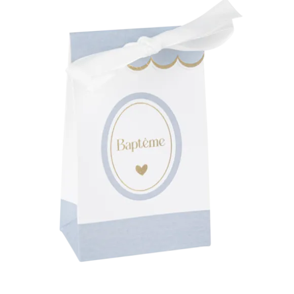 10 sachets "Baptême" avec ruban satiné - 7,5 x 12,5 x 4,5 cm - Collection Baptême Blanc et Or - Couleur au choix