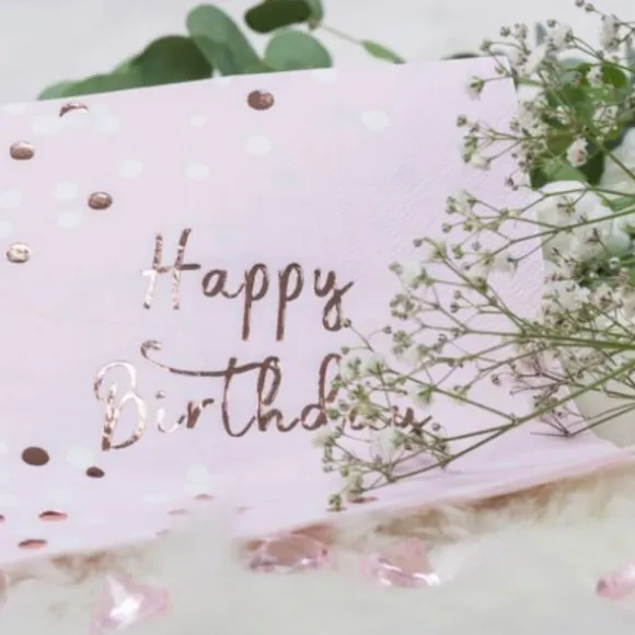 Sachet 16 serviettes en papier "Happy Birthday Rose Gold"
