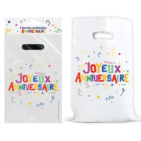 6 sachets "Joyeux Anniversaire" en plastique - Collection Récréation Multicolore