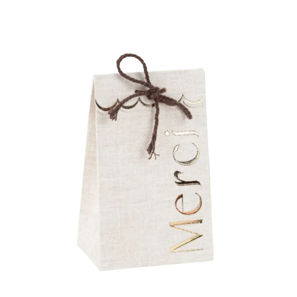 10 sachets "Merci" avec ficelle - 7,5 x 12,5 x 4,5 cm - Collection Communion Effet Lin et Or