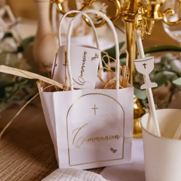 6 Sacs Cadeaux - Collection Communion Pureté Blanc et Or