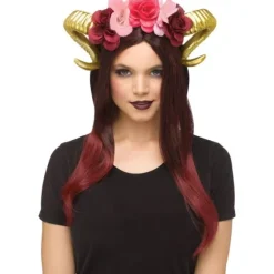 Serre-tête maléfique avec cornes de bélier et fleurs - Couleur au choix