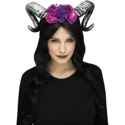 Serre-tête maléfique avec cornes de bélier et fleurs - Couleur au choix