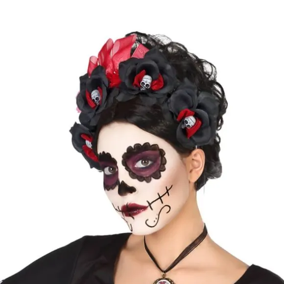 Serre-Tête Roses Noires et Rouges avec Crânes
