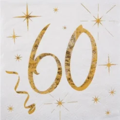 20 Serviettes en Papier Anniversaire - Blanc et Or - 60 ans