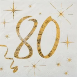 20 Serviettes en Papier Anniversaire - Blanc et Or - 80 ans
