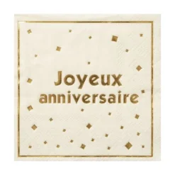 10 serviettes "Joyeux Anniversaire" en papier - 33 x 33 cm - Collection Anniversaire Blanc et Or