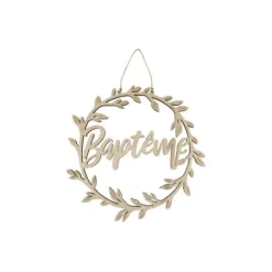 Suspension en bois pour baptême - Couronne avec mot "Baptême"