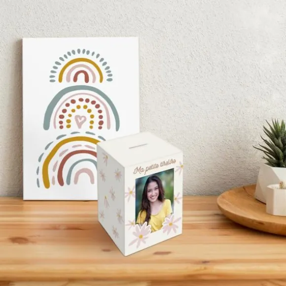 Tirelire personnalisable en bois pour enfant - Fleurs