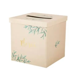 Urne en carton " Merci " - Beige, Or & Feuilles d'Olivier - 25 cm
