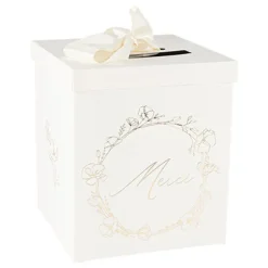 Urne "Merci" FSC® - 21 x 21 x 25 cm - Collection Baptême Crème et Or