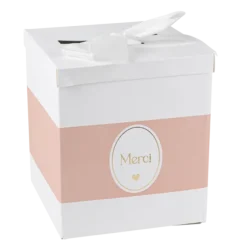 Urne "Merci" - 21 x 21 x 25 cm - Collection Baptême Blanc et Or - Couleur au choix
