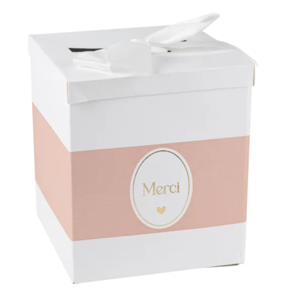 Urne "Merci" - 21 x 21 x 25 cm - Collection Baptême Blanc et Or - Couleur au choix