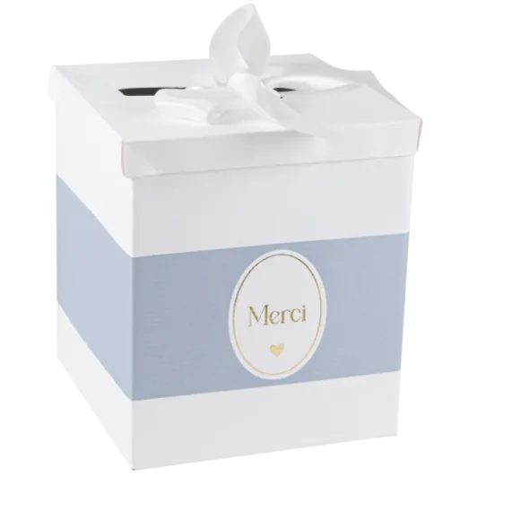 Urne "Merci" - 21 x 21 x 25 cm - Collection Baptême Blanc et Or - Couleur au choix