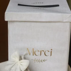 Urne "Merci" - 21 x 21 x 25 cm - Collection Communion Effet Lin et Or
