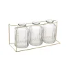 3 Vases en verre transparents sur support métal or