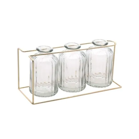 3 Vases en verre transparents sur support métal or
