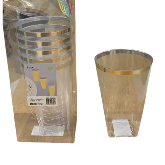 6 verres à eau en plastique avec bordure dorée - 270 ml