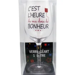 Verre à vin géant - 1 litre - C'est l'heure de ma dose de bonheur